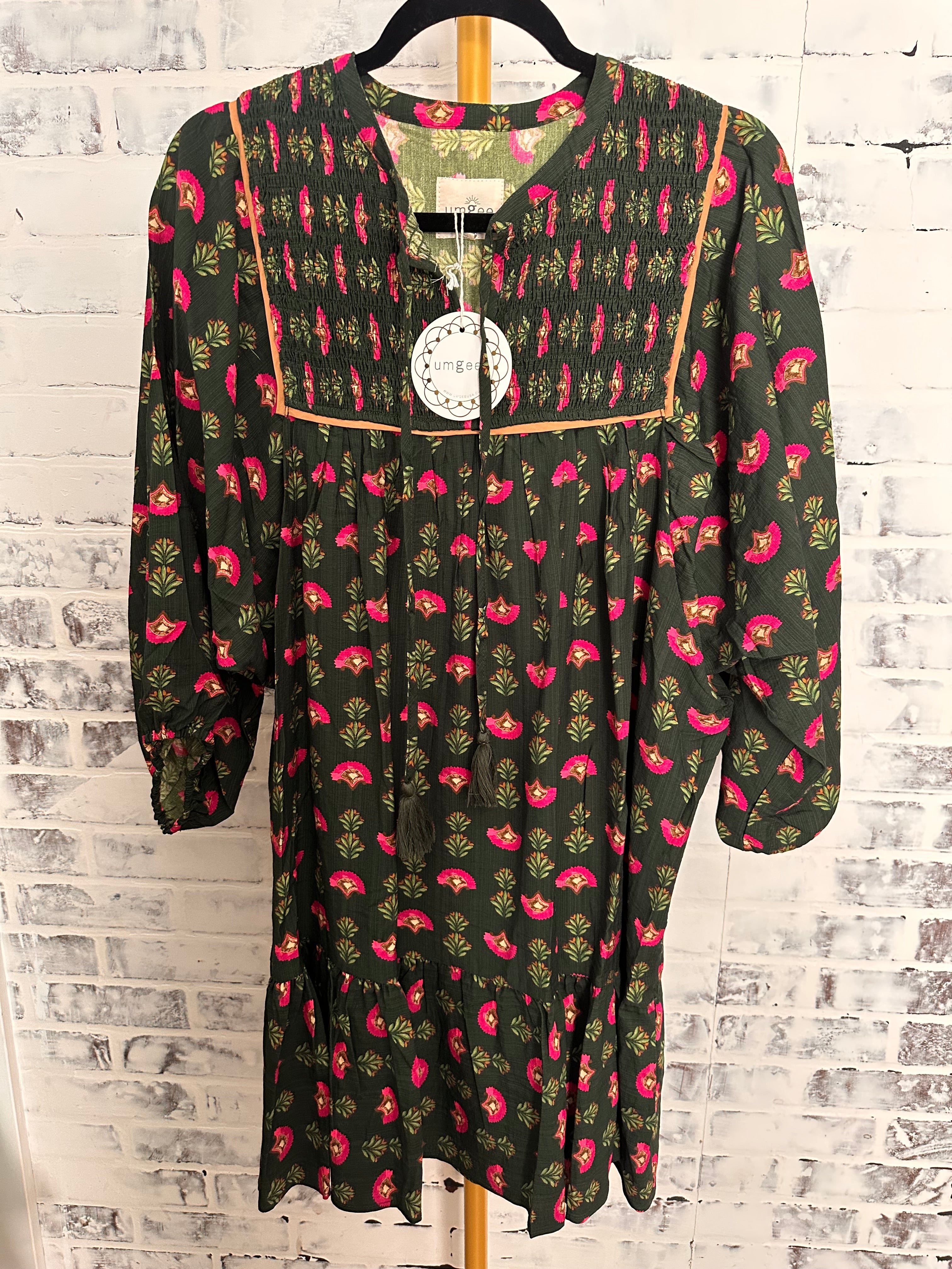 Hunter Green & Pink Floral Baby Doll Dress