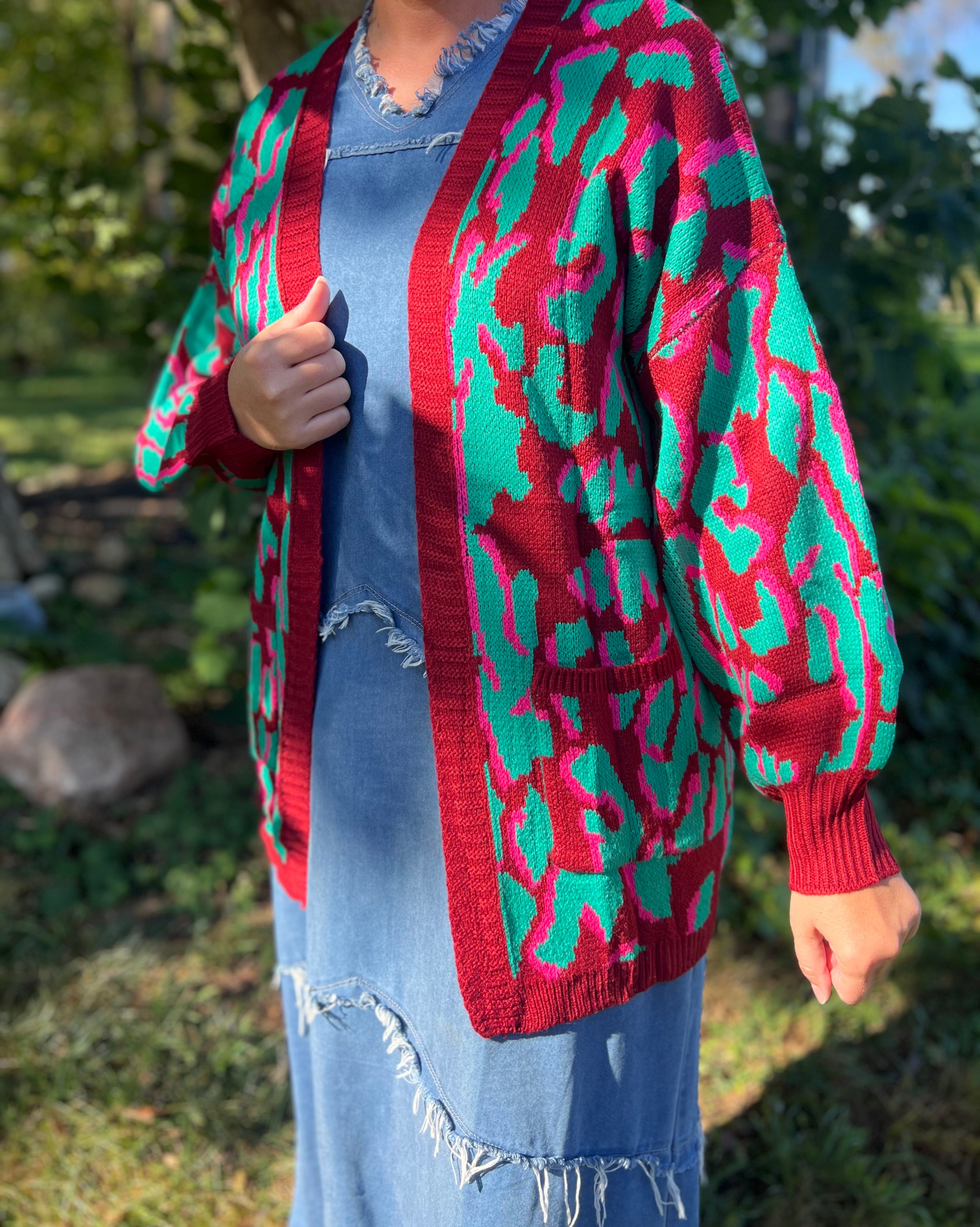 Animal Print Cardigan Sweater with Side Pockets