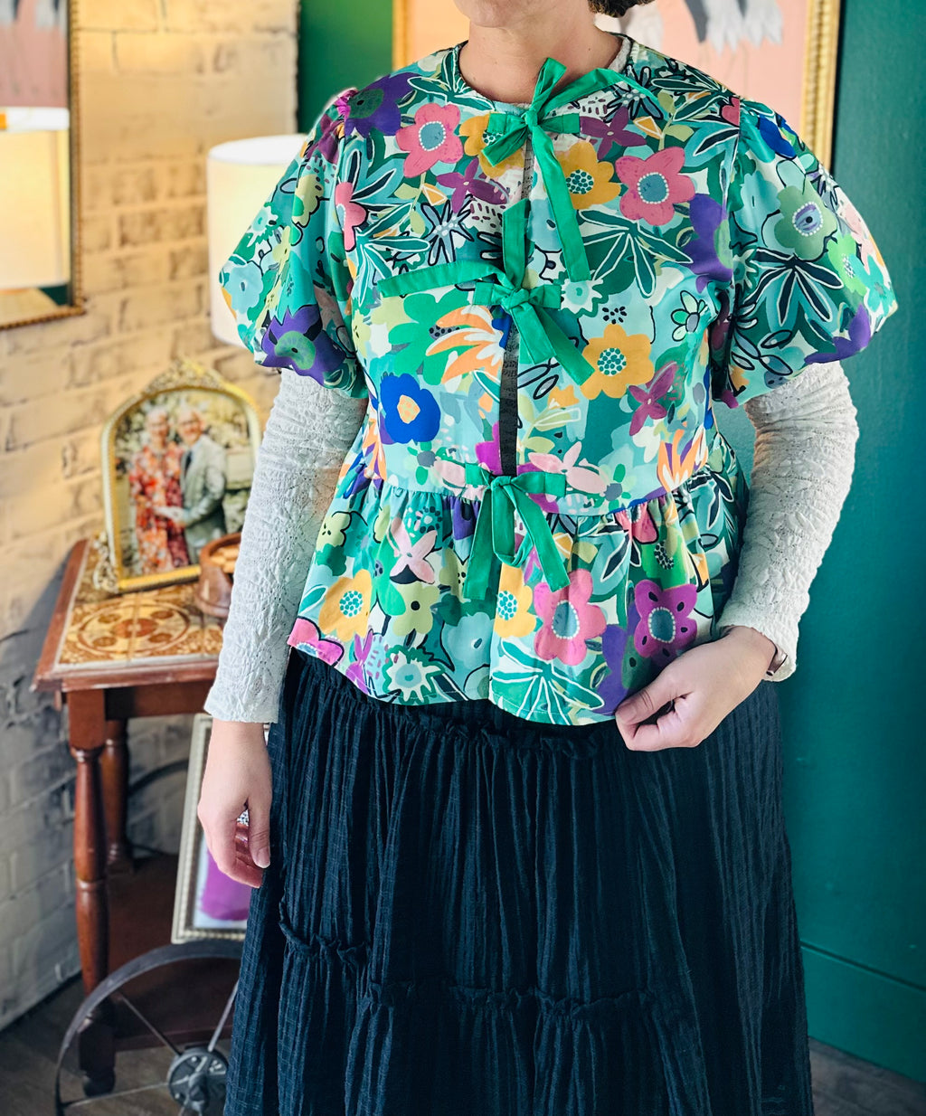 Kelly Green Floral Baby Doll Blouse