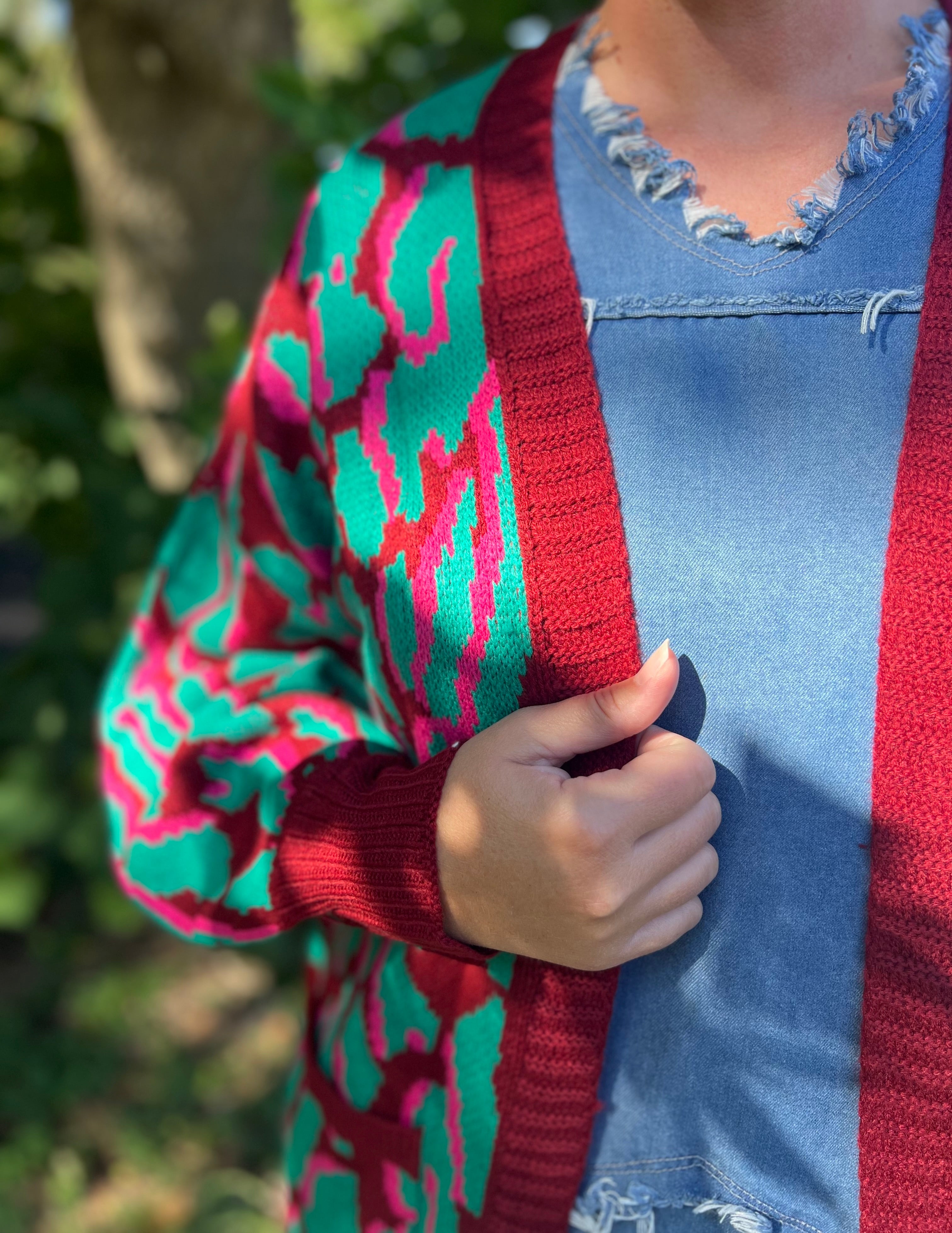 Animal Print Cardigan Sweater with Side Pockets