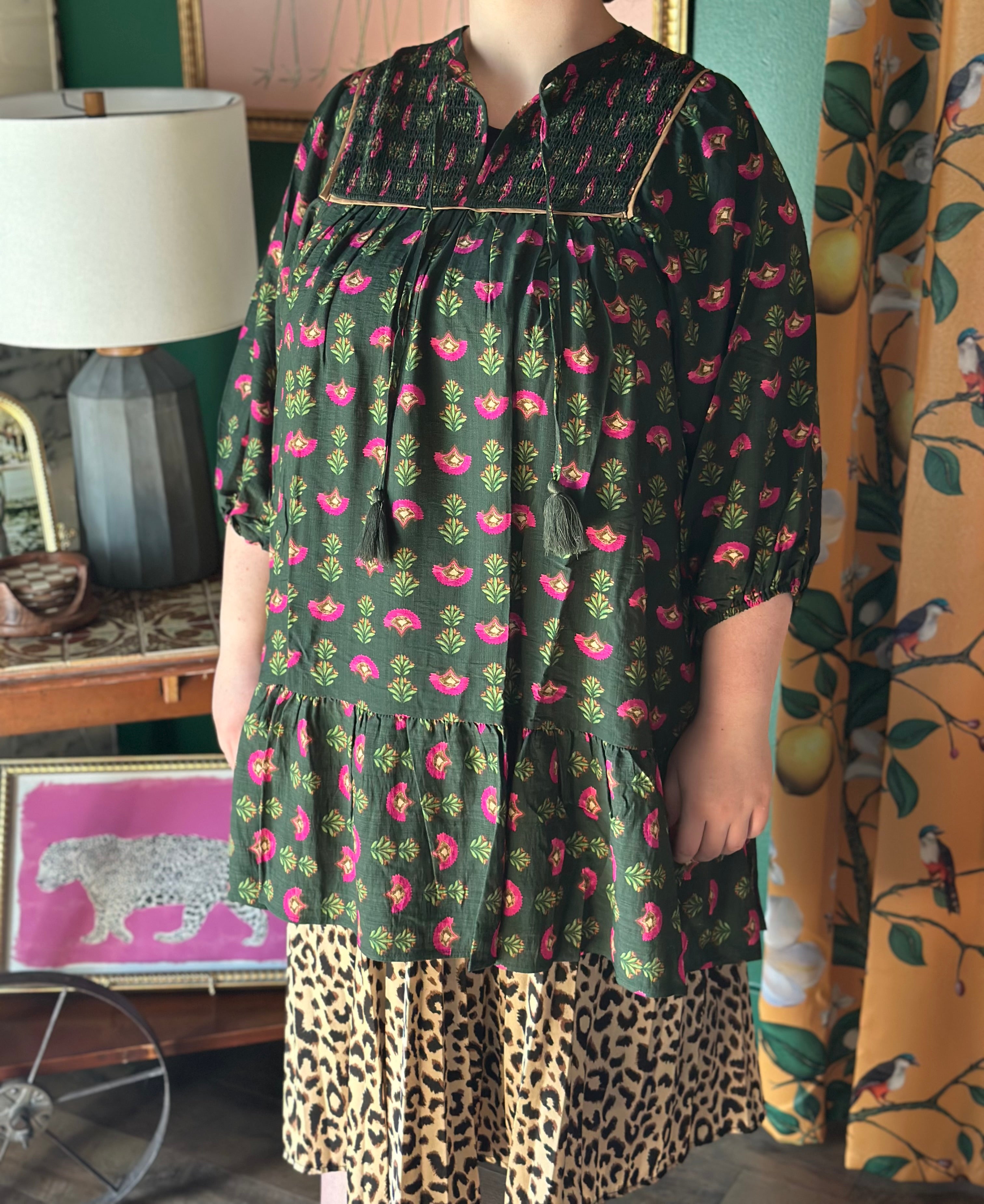 Hunter Green & Pink Floral Baby Doll Dress