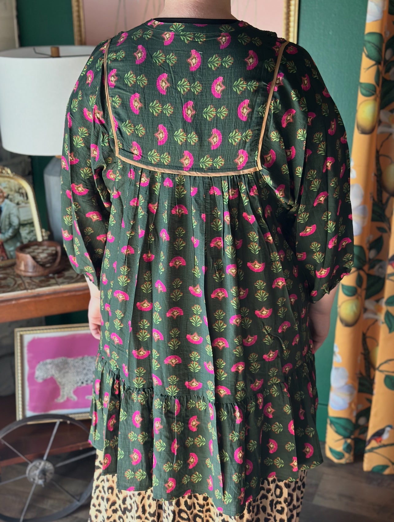 Hunter Green & Pink Floral Baby Doll Dress