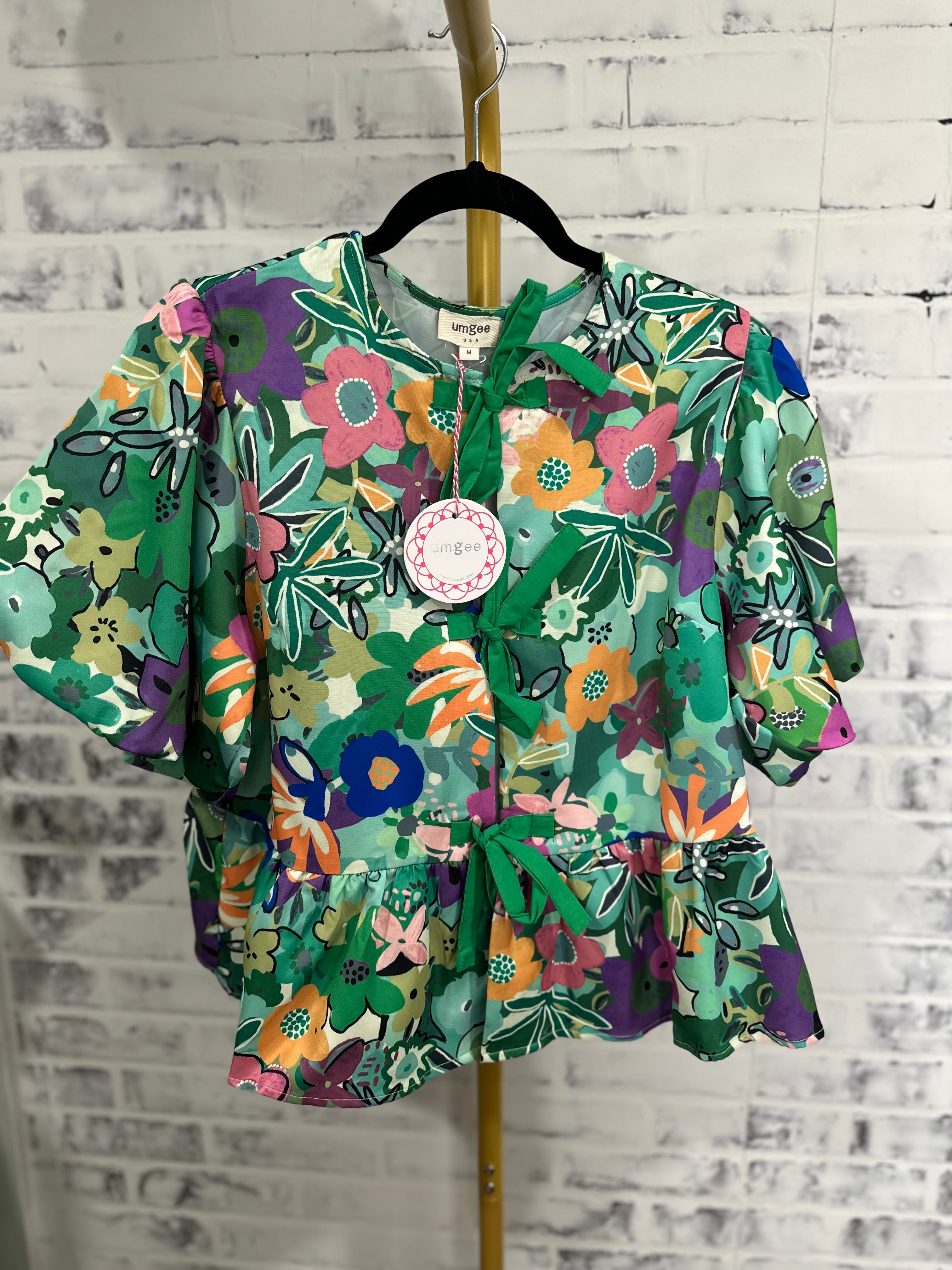 Kelly Green Floral Baby Doll Blouse