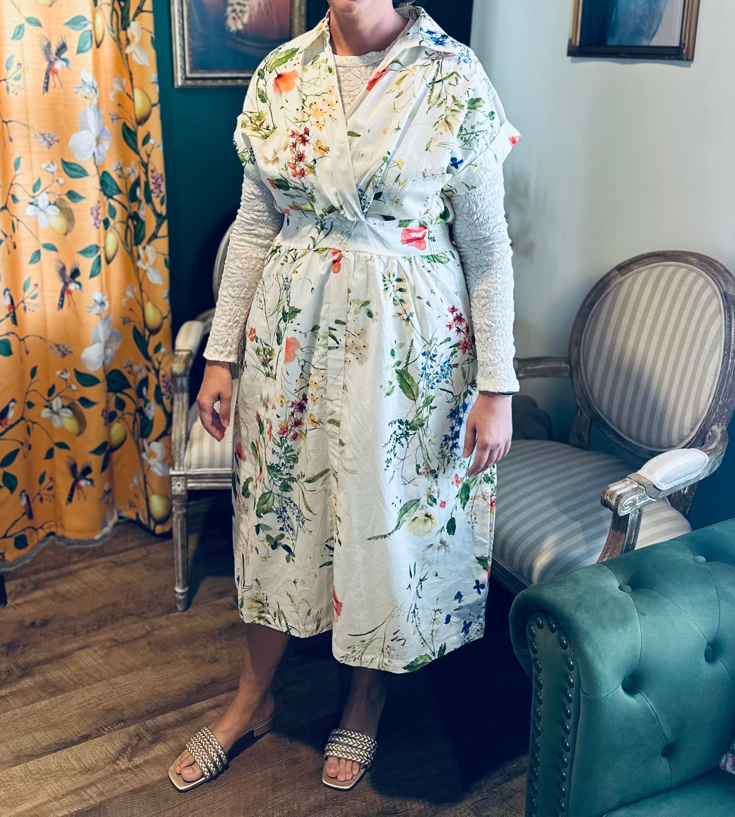 Cream Floral Button Down Dress