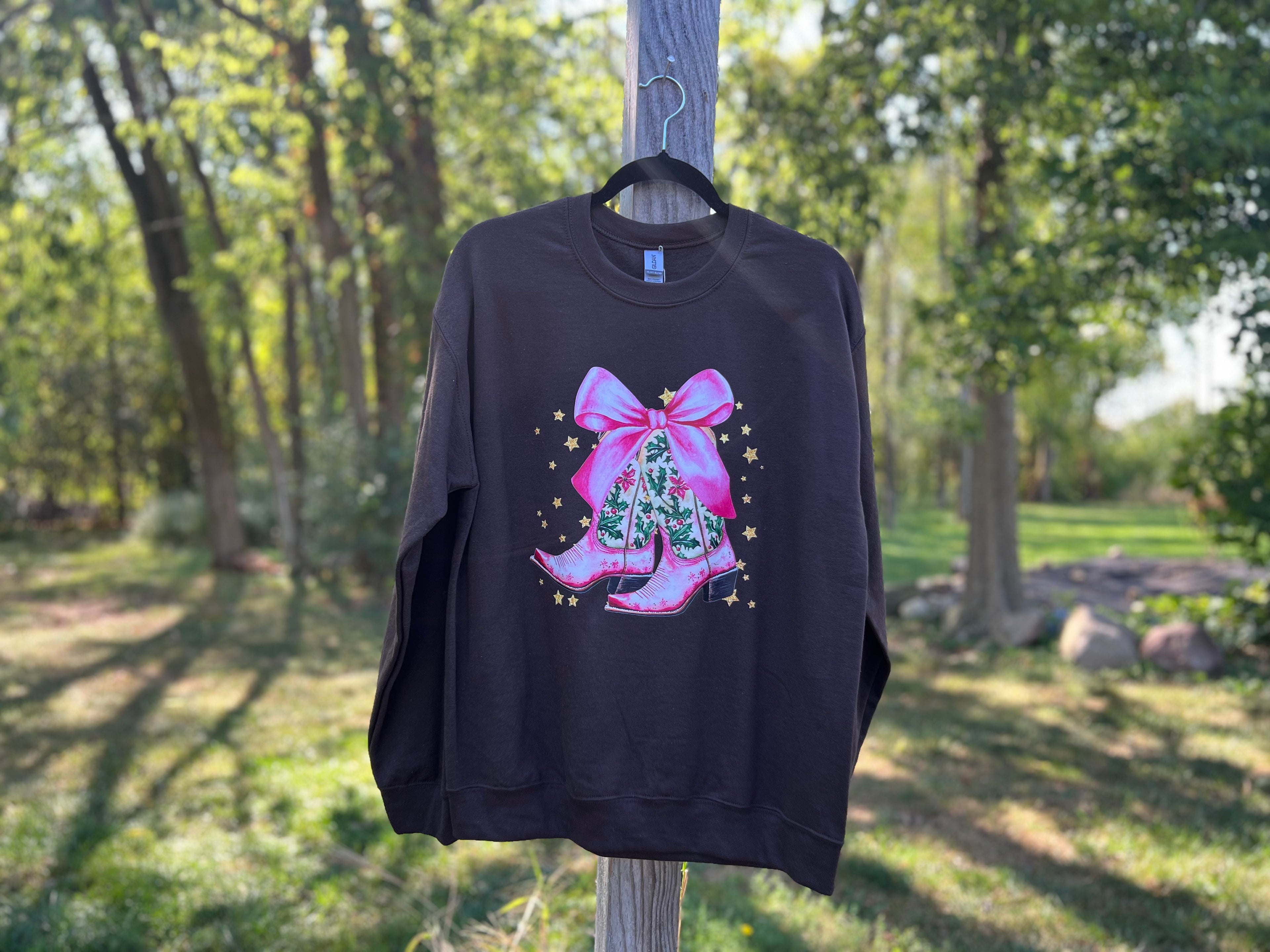 Brown Graphic Crewneck w/ Boots & Bows (Christmas Edition)