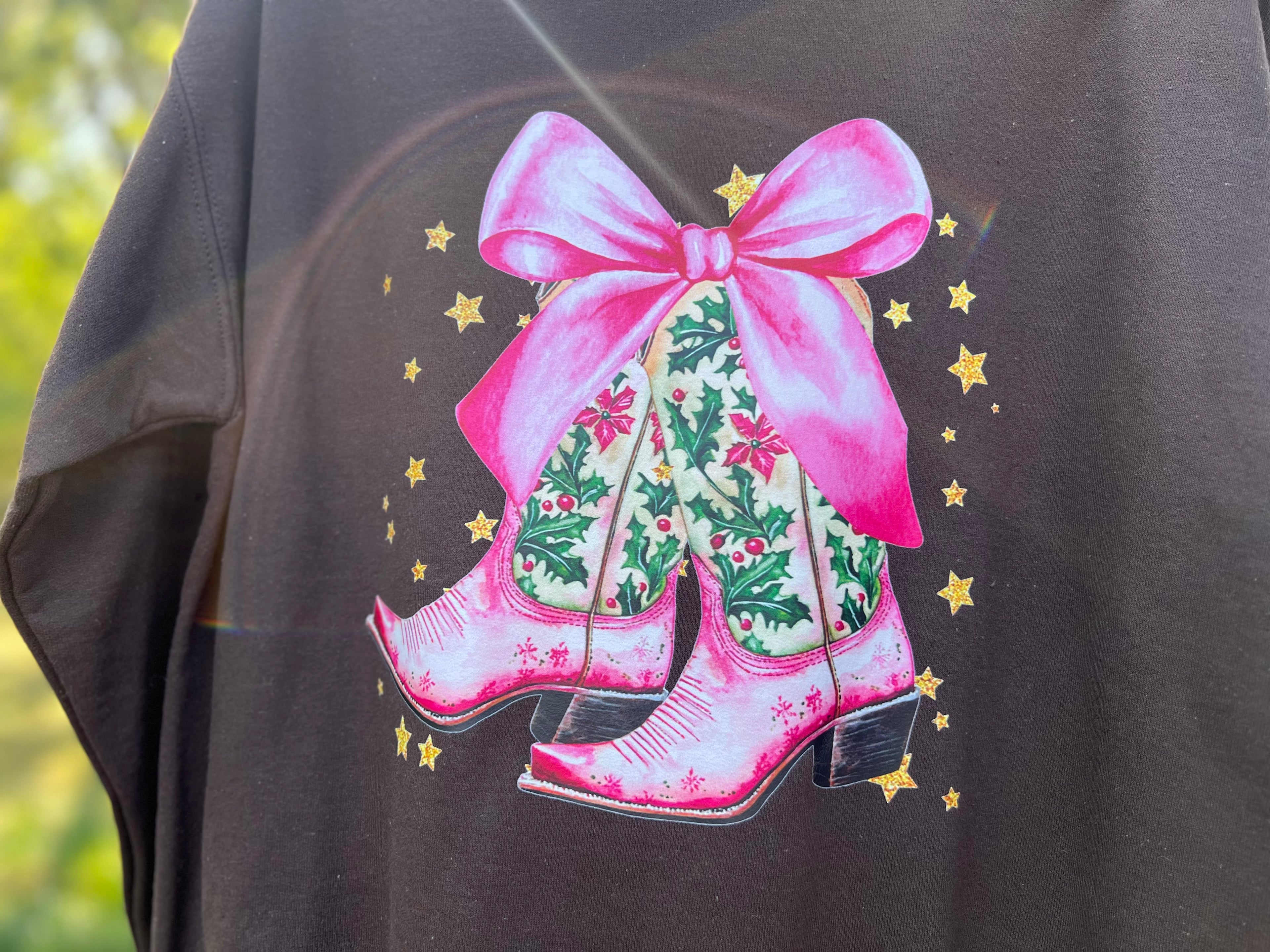 Brown Graphic Crewneck w/ Boots & Bows (Christmas Edition)
