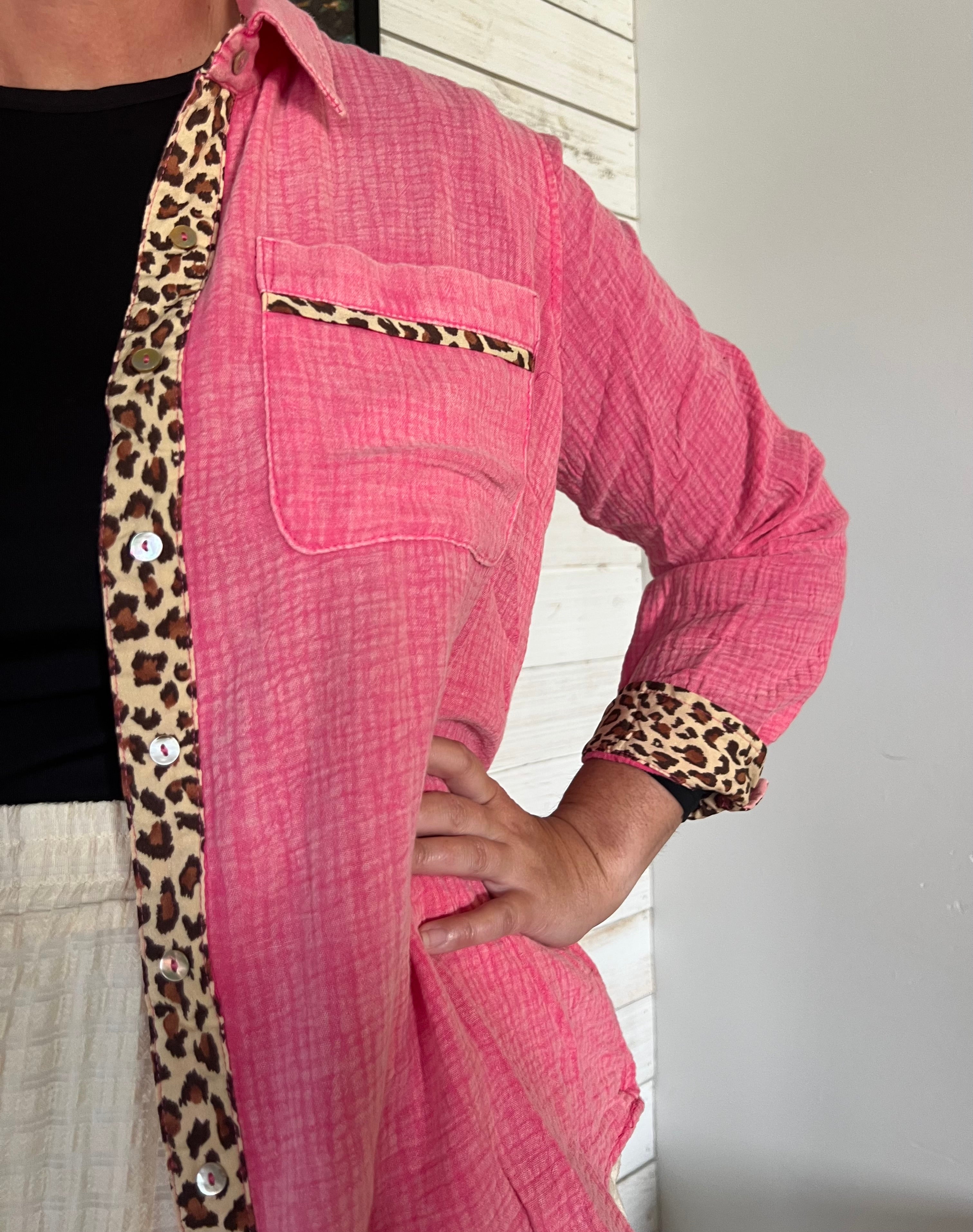 Animal Print Pink Buttoned Flannel