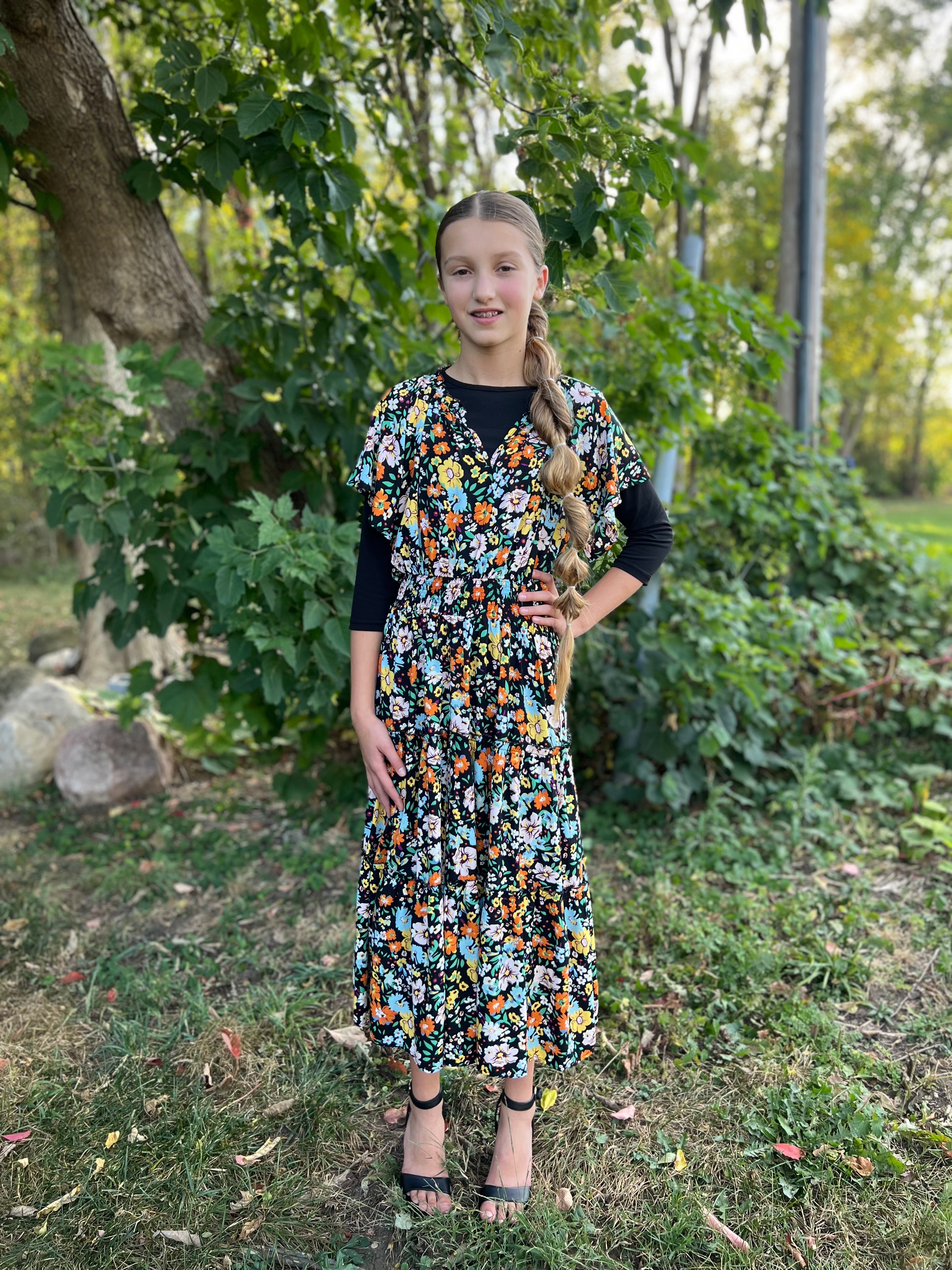 Black Floral Print Ruffle Maxi Dress
