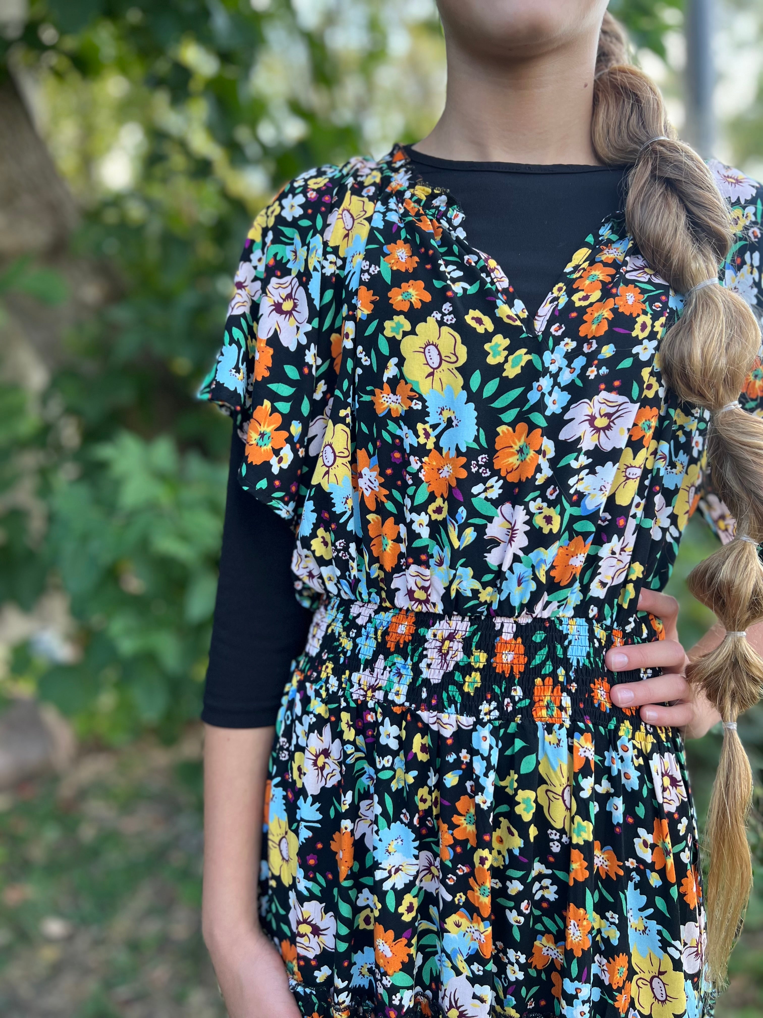 Black Floral Print Ruffle Maxi Dress