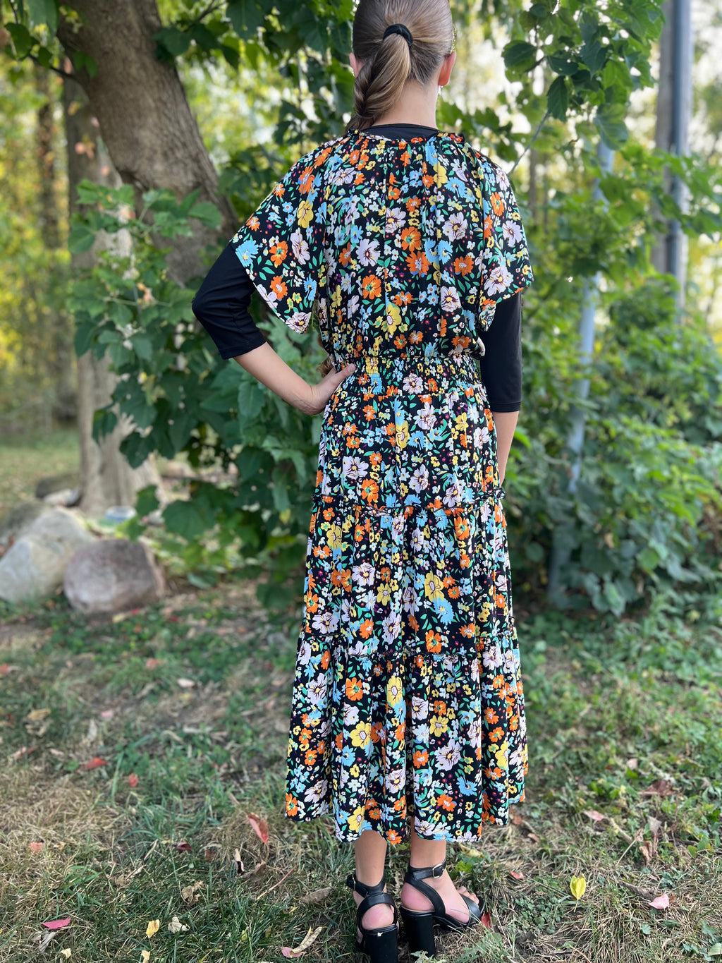 Black Floral Print Ruffle Maxi Dress