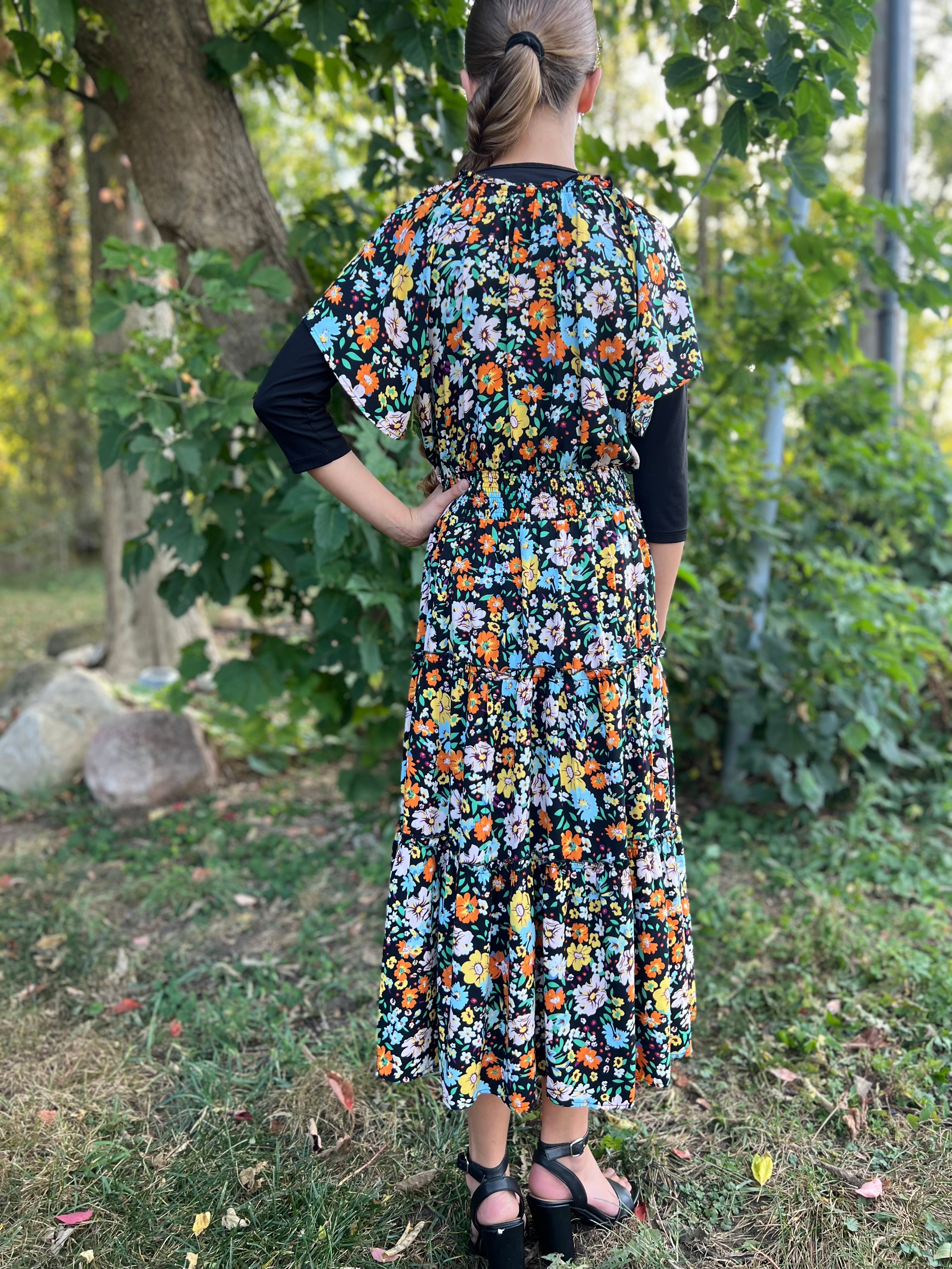 Black Floral Print Ruffle Maxi Dress