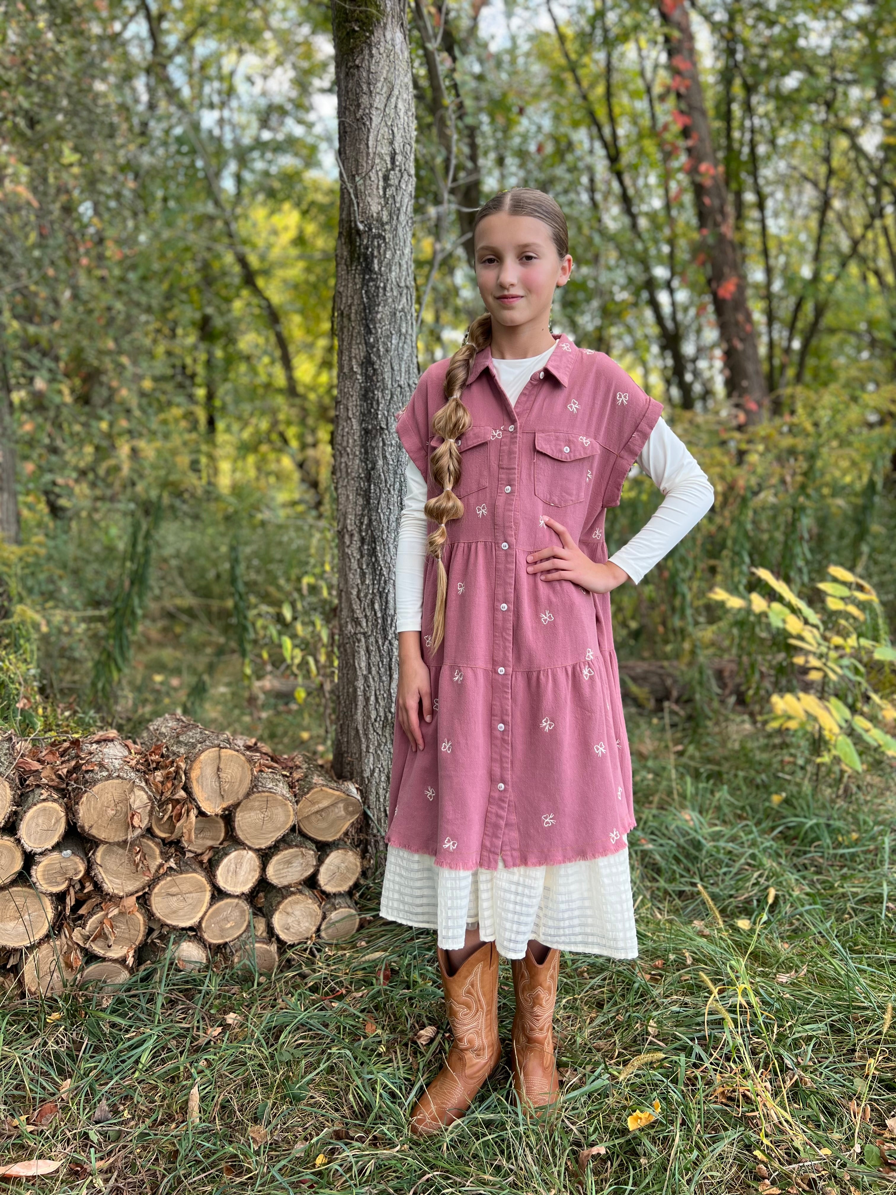 Rose Shirt Dress w/ Embroidered Bows