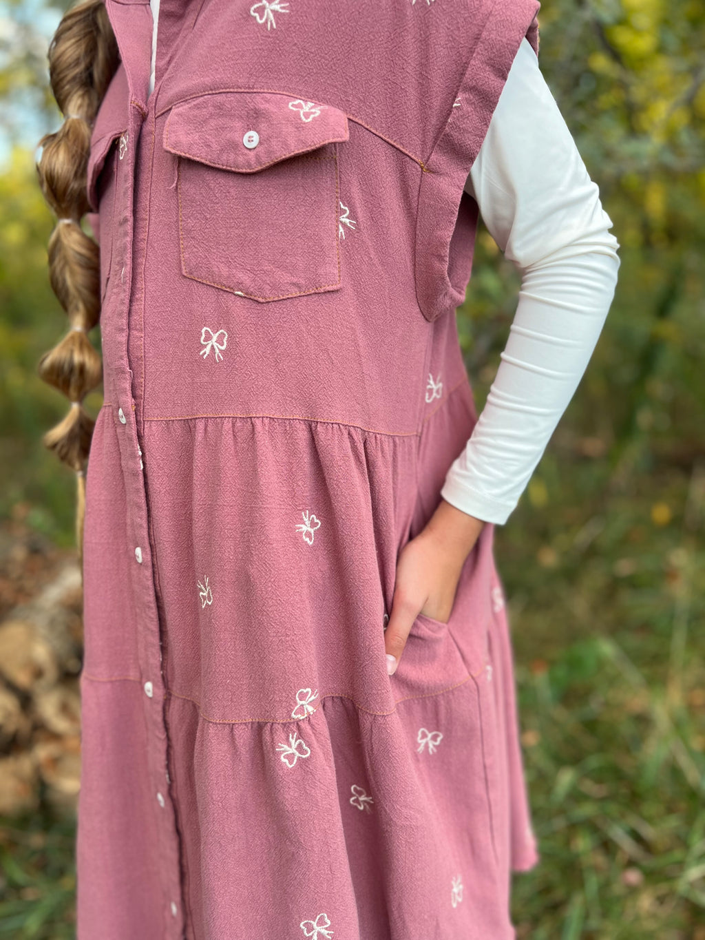Rose Shirt Dress w/ Embroidered Bows
