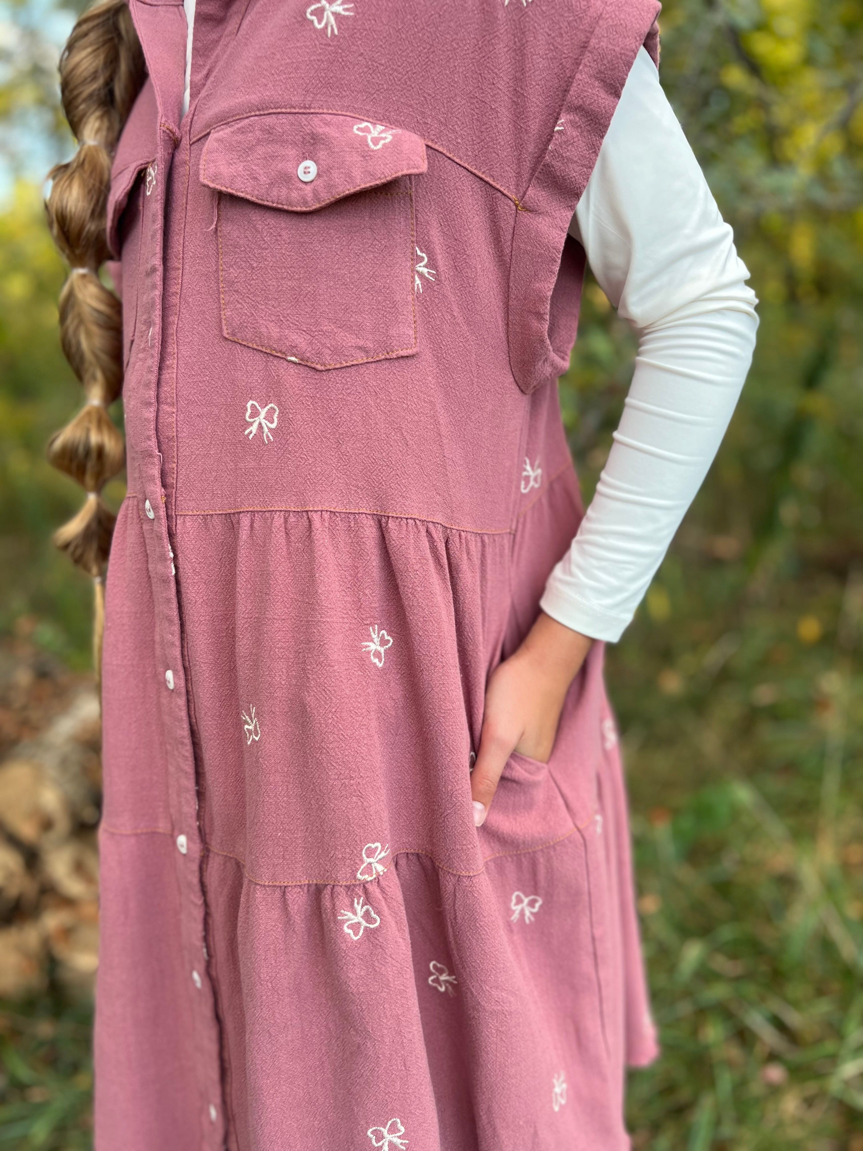 Rose Shirt Dress w/ Embroidered Bows