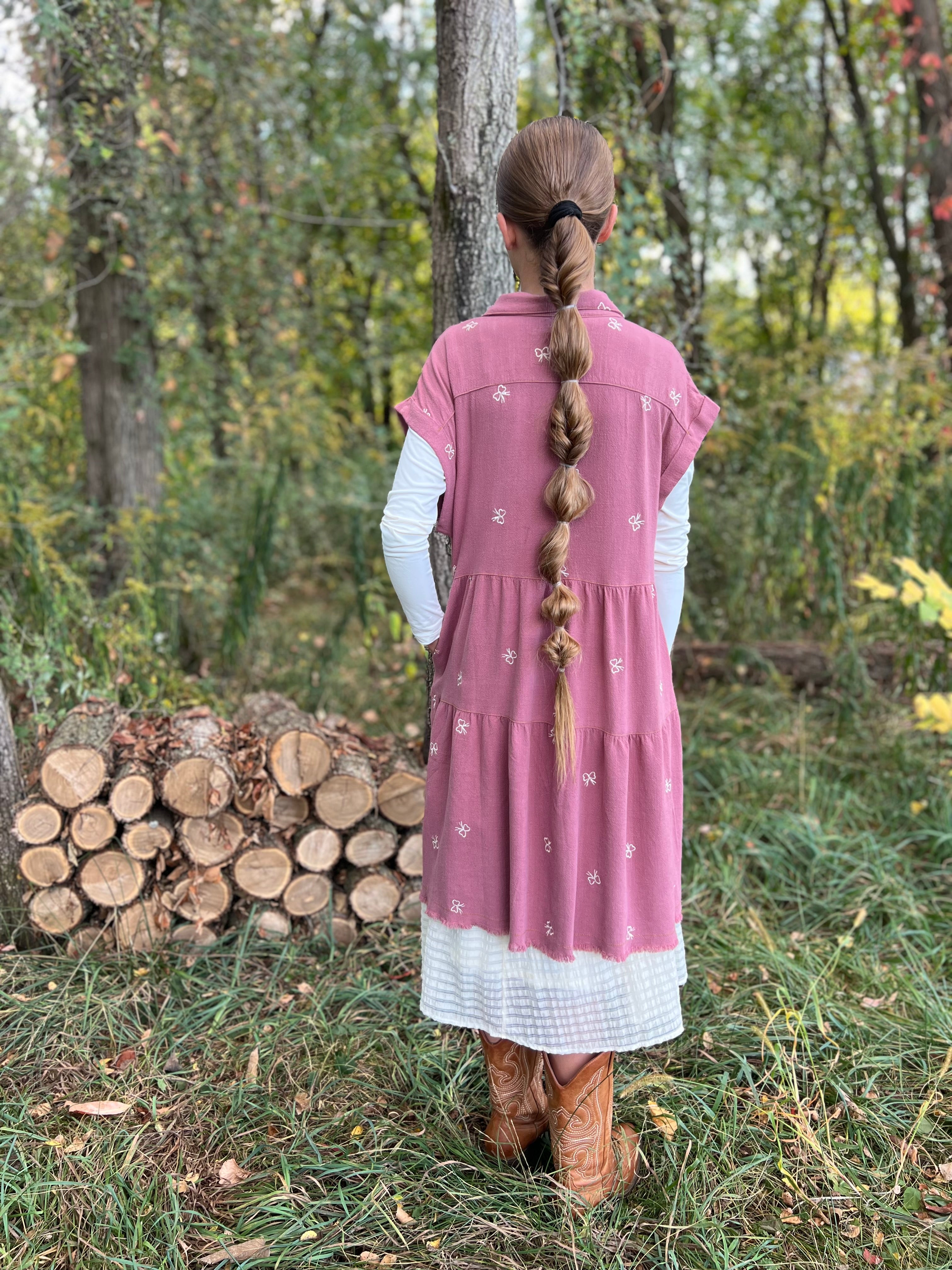 Rose Shirt Dress w/ Embroidered Bows