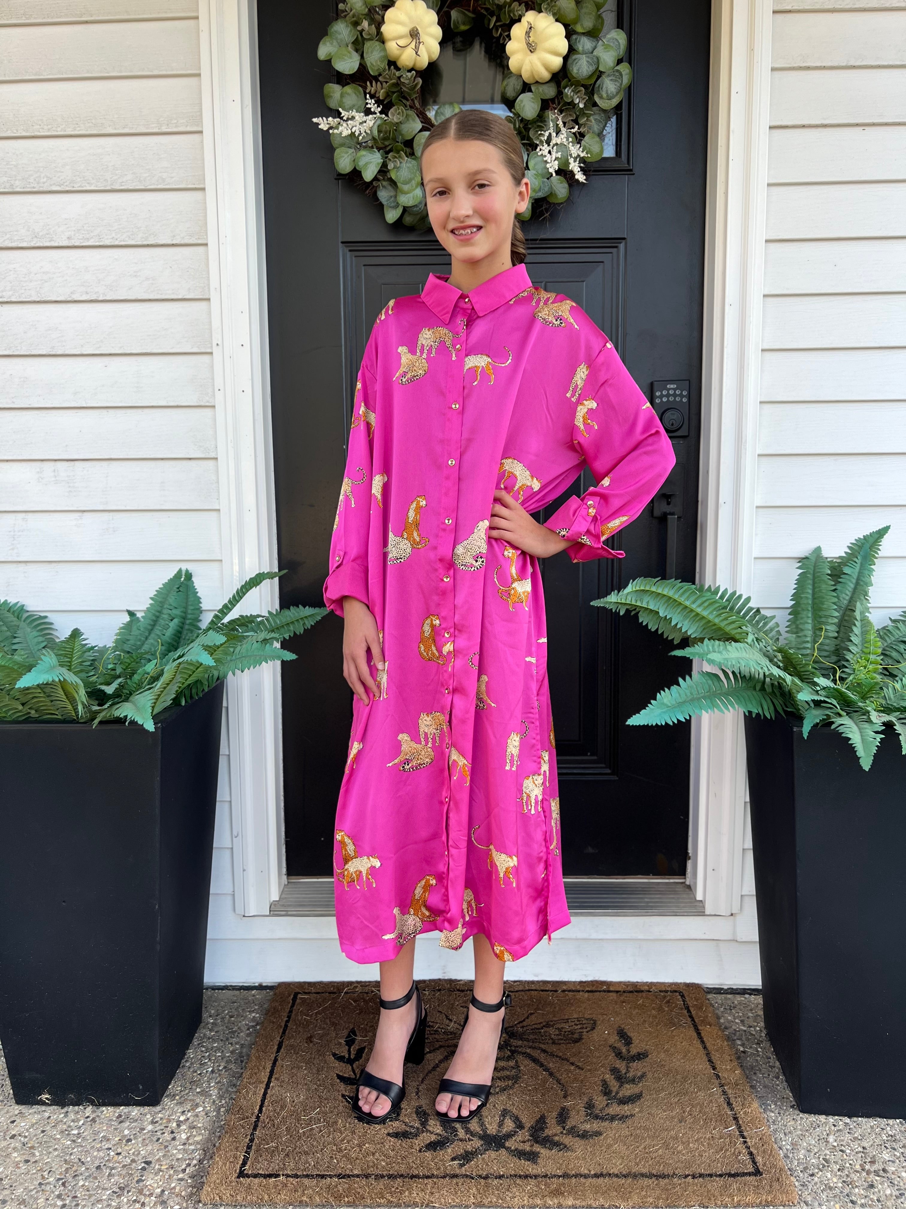Magenta Animal Print Button Down Dress