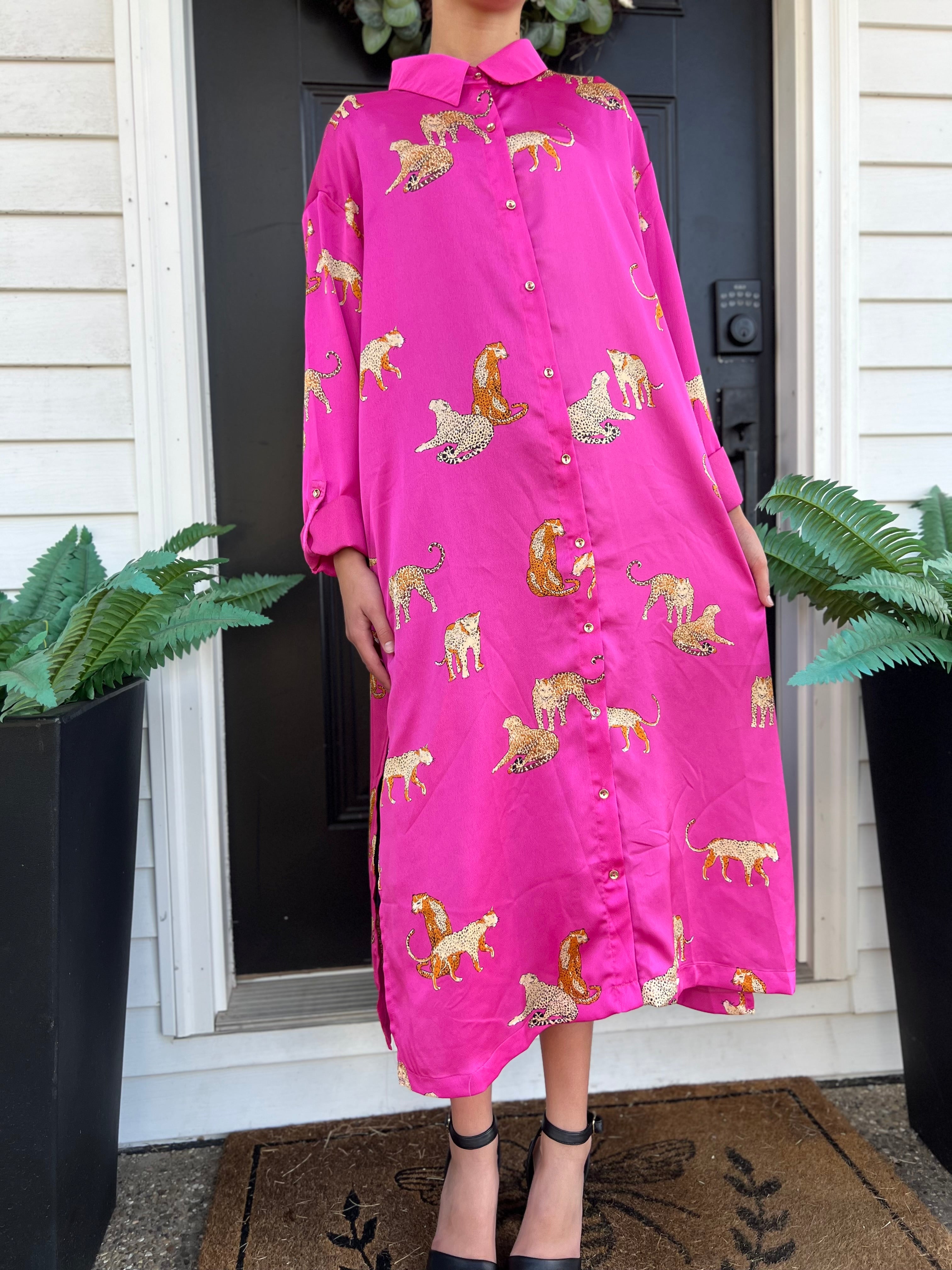 Magenta Animal Print Button Down Dress