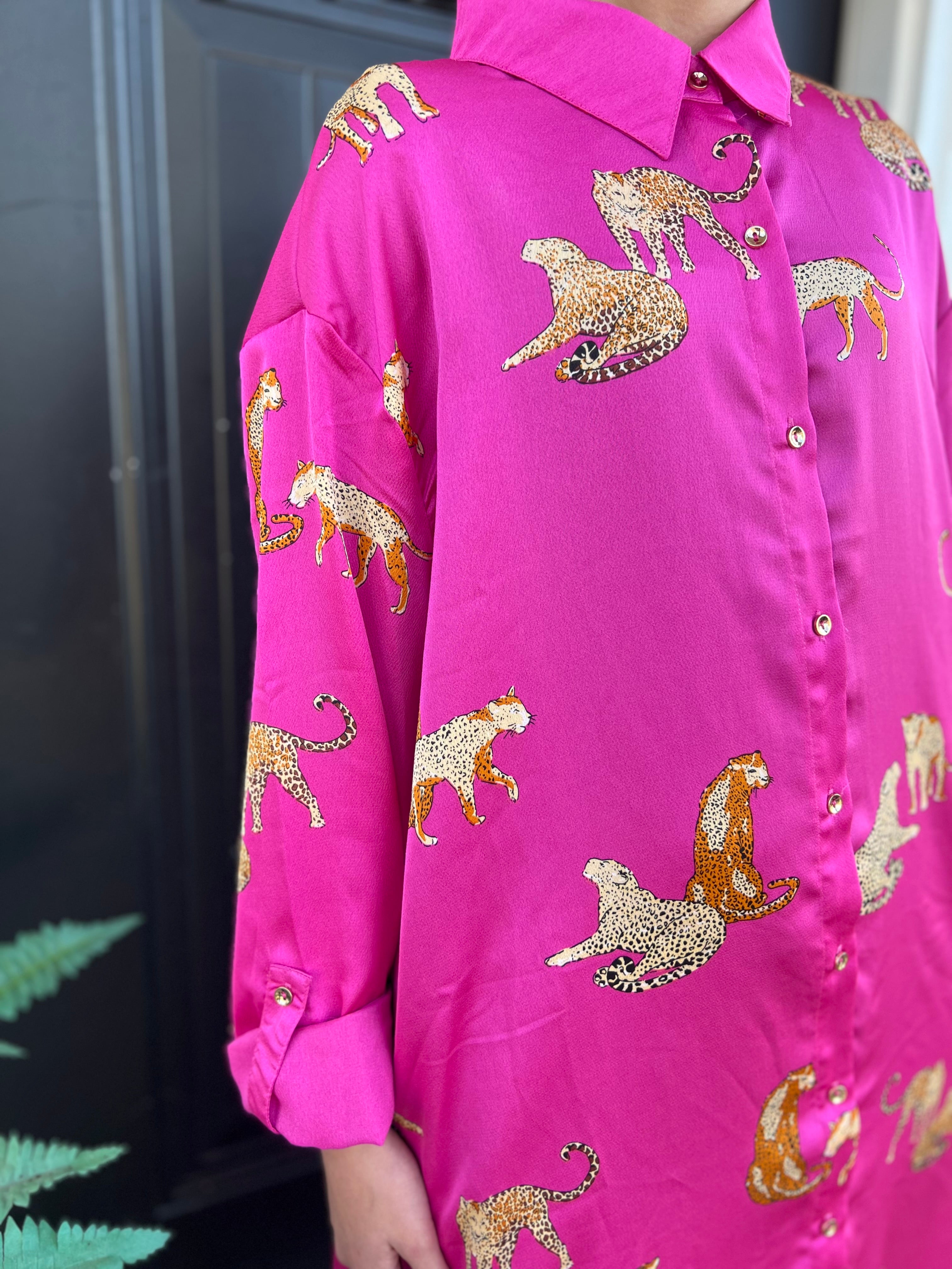 Magenta Animal Print Button Down Dress