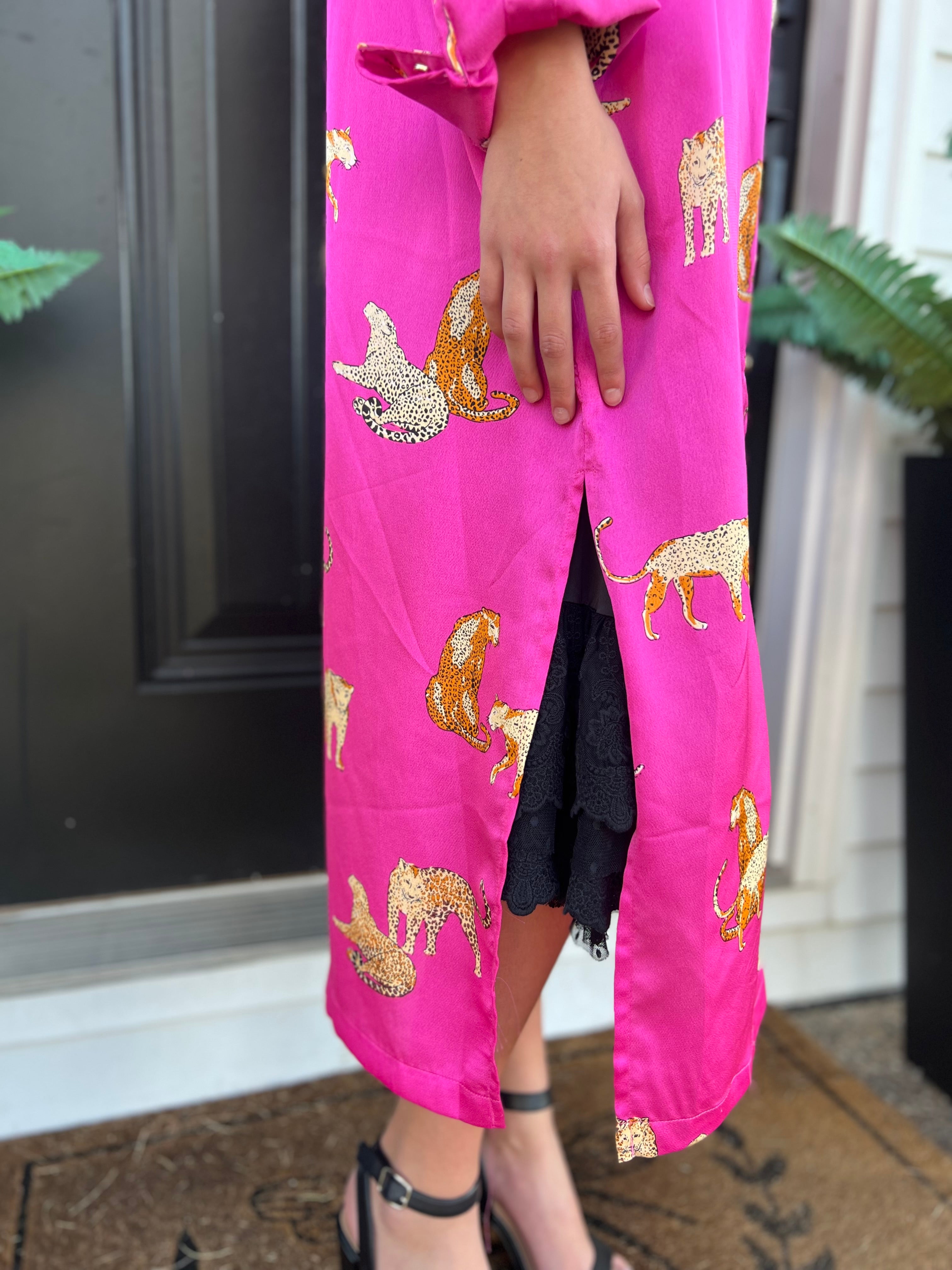 Magenta Animal Print Button Down Dress
