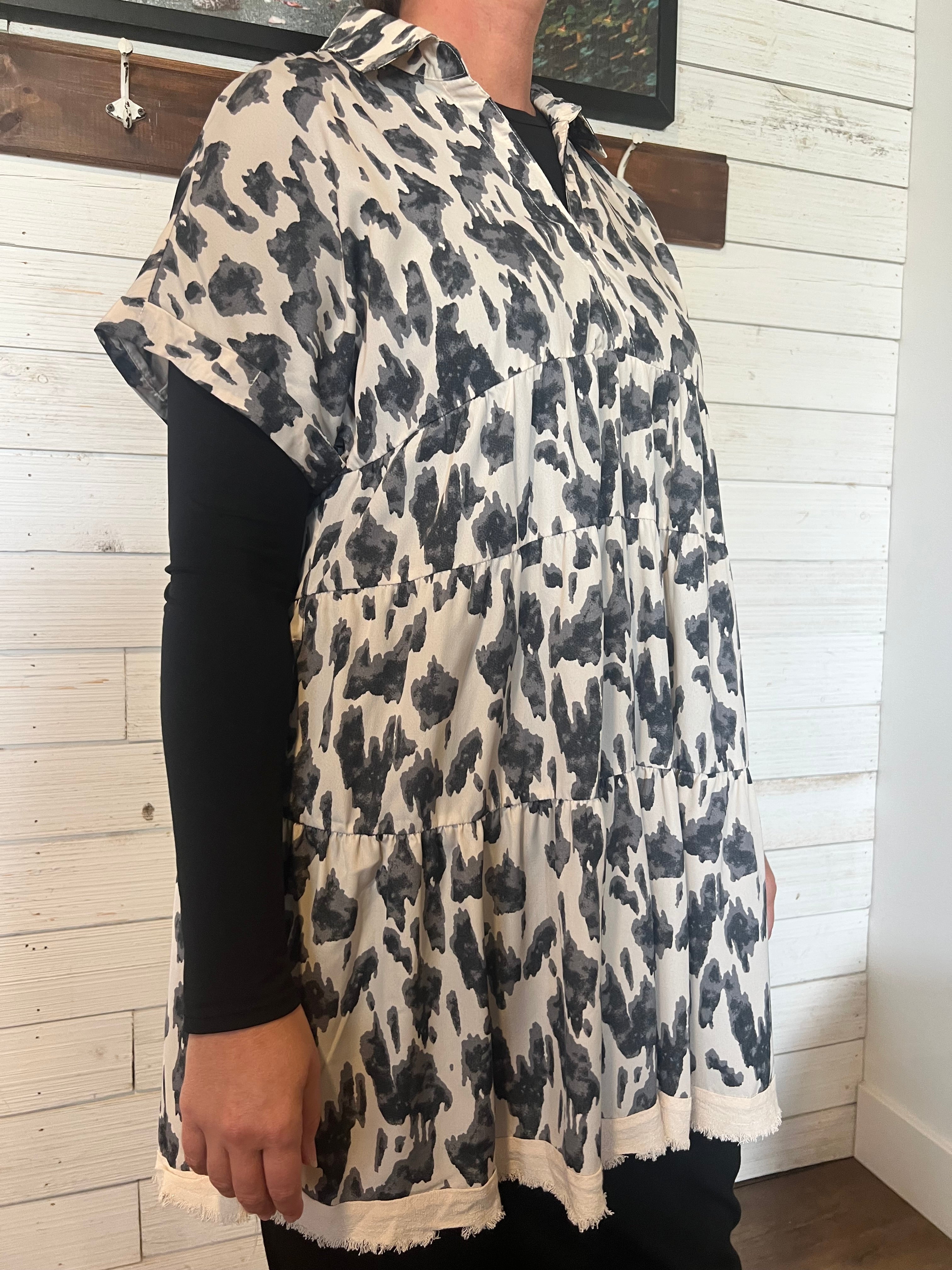Animal Print Collared Tiered Dress with Frayed Hem