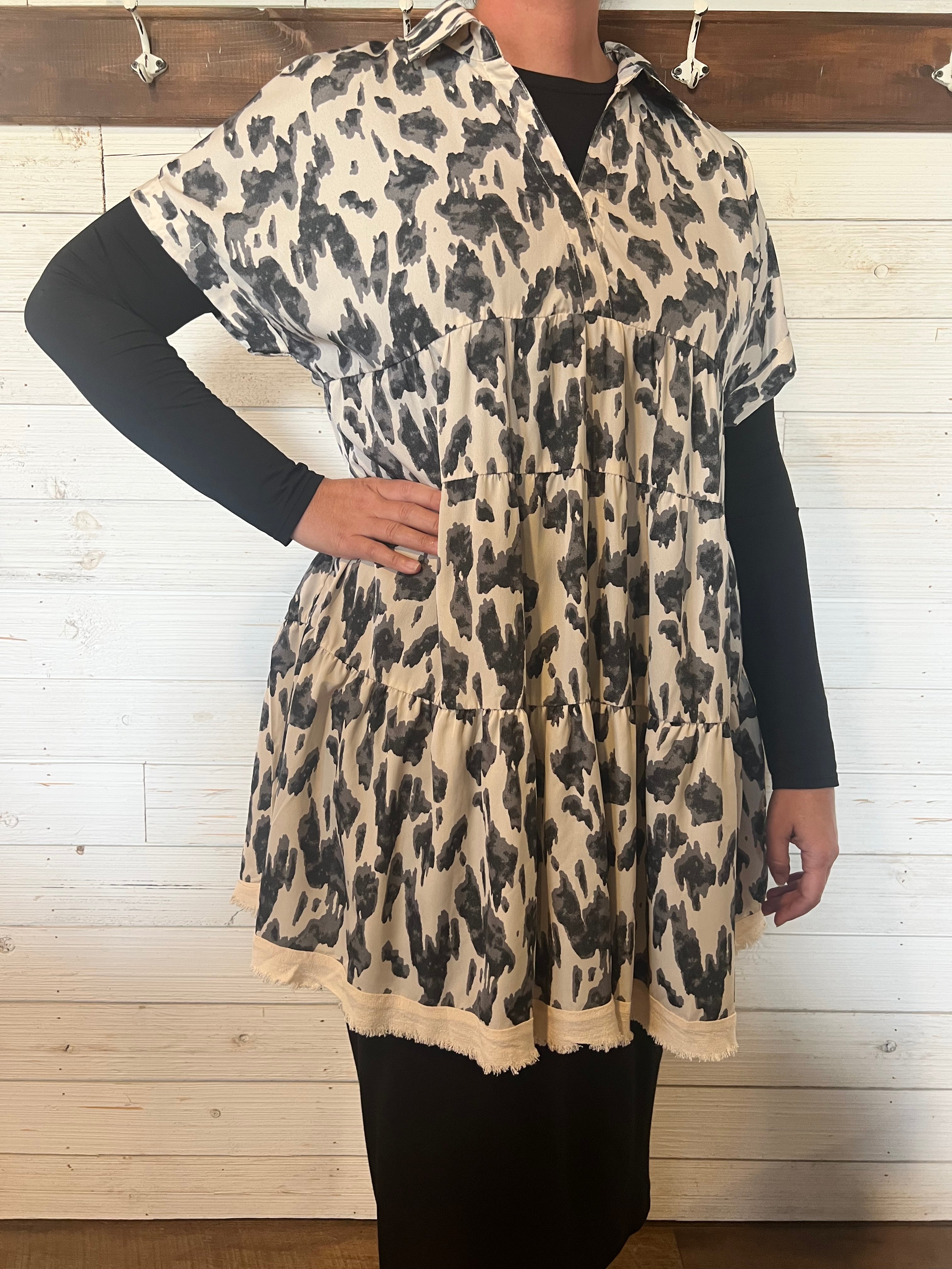 Animal Print Collared Tiered Dress with Frayed Hem