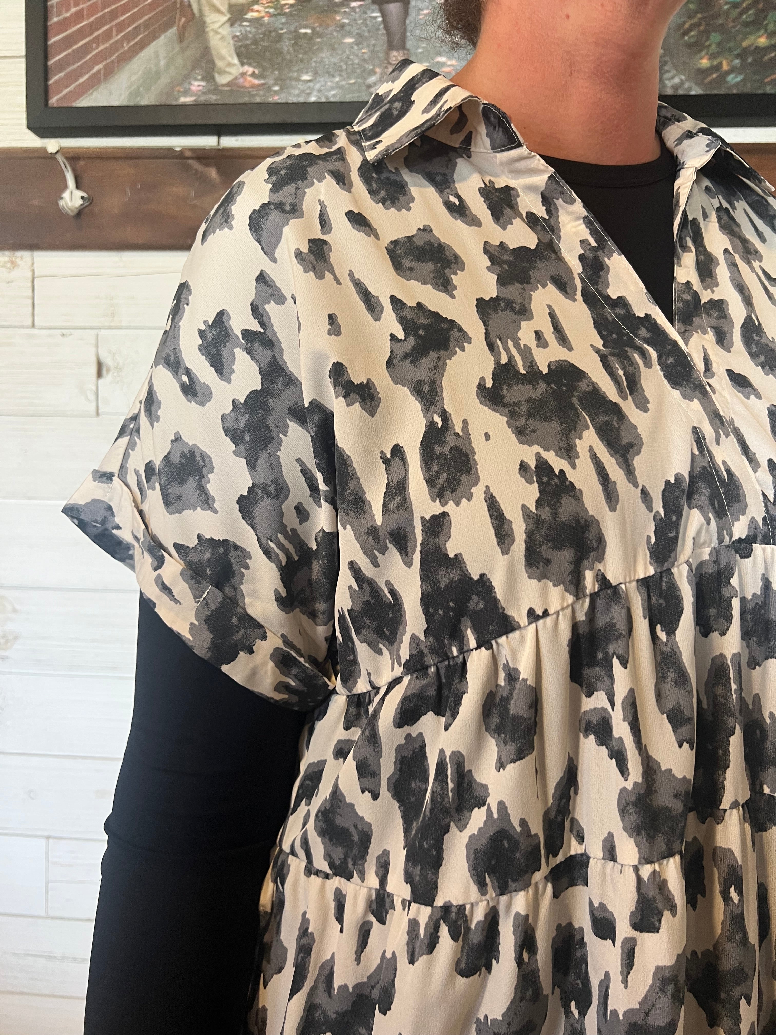 Animal Print Collared Tiered Dress with Frayed Hem