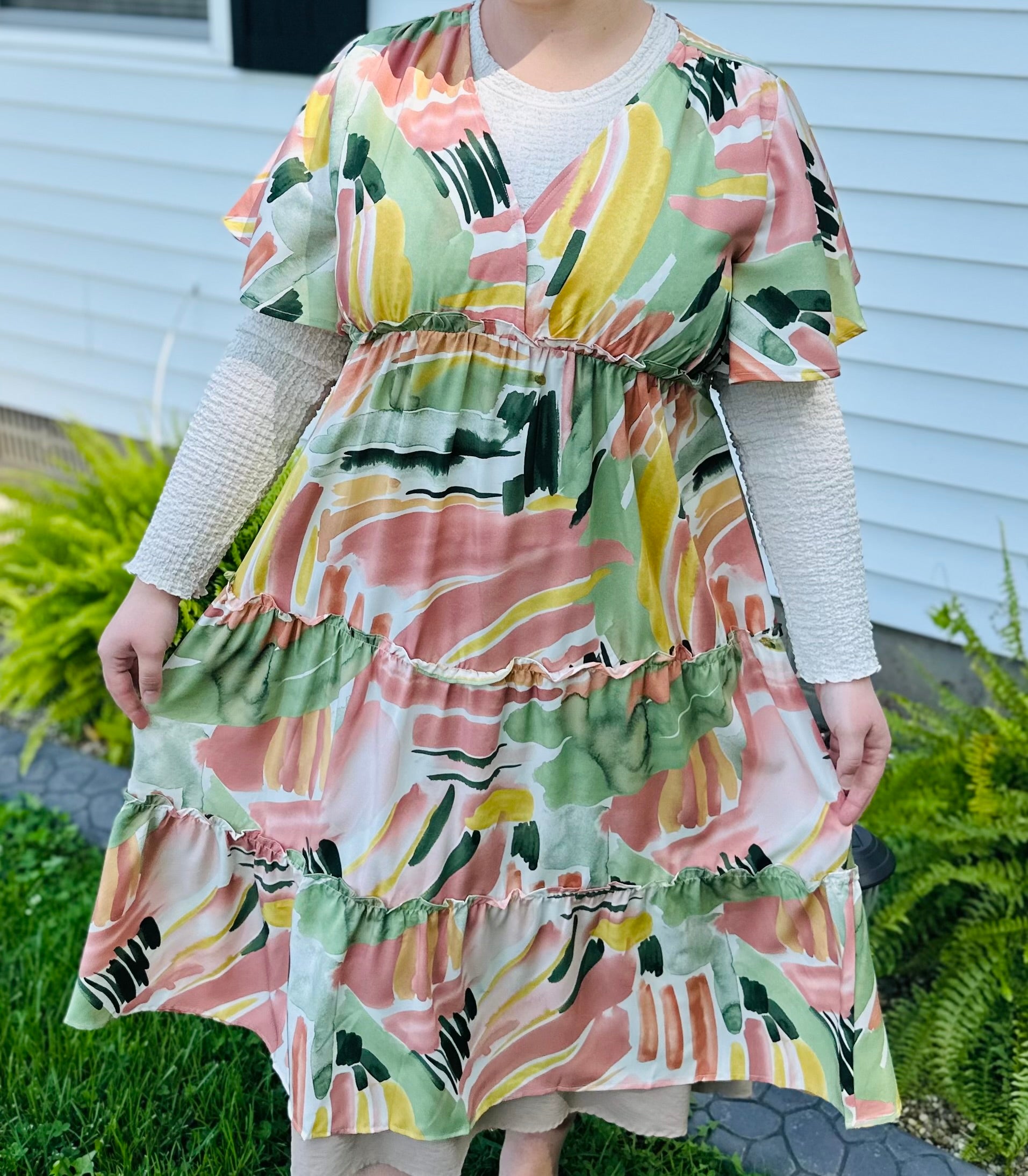 Watercolor Sage Tiered Dress