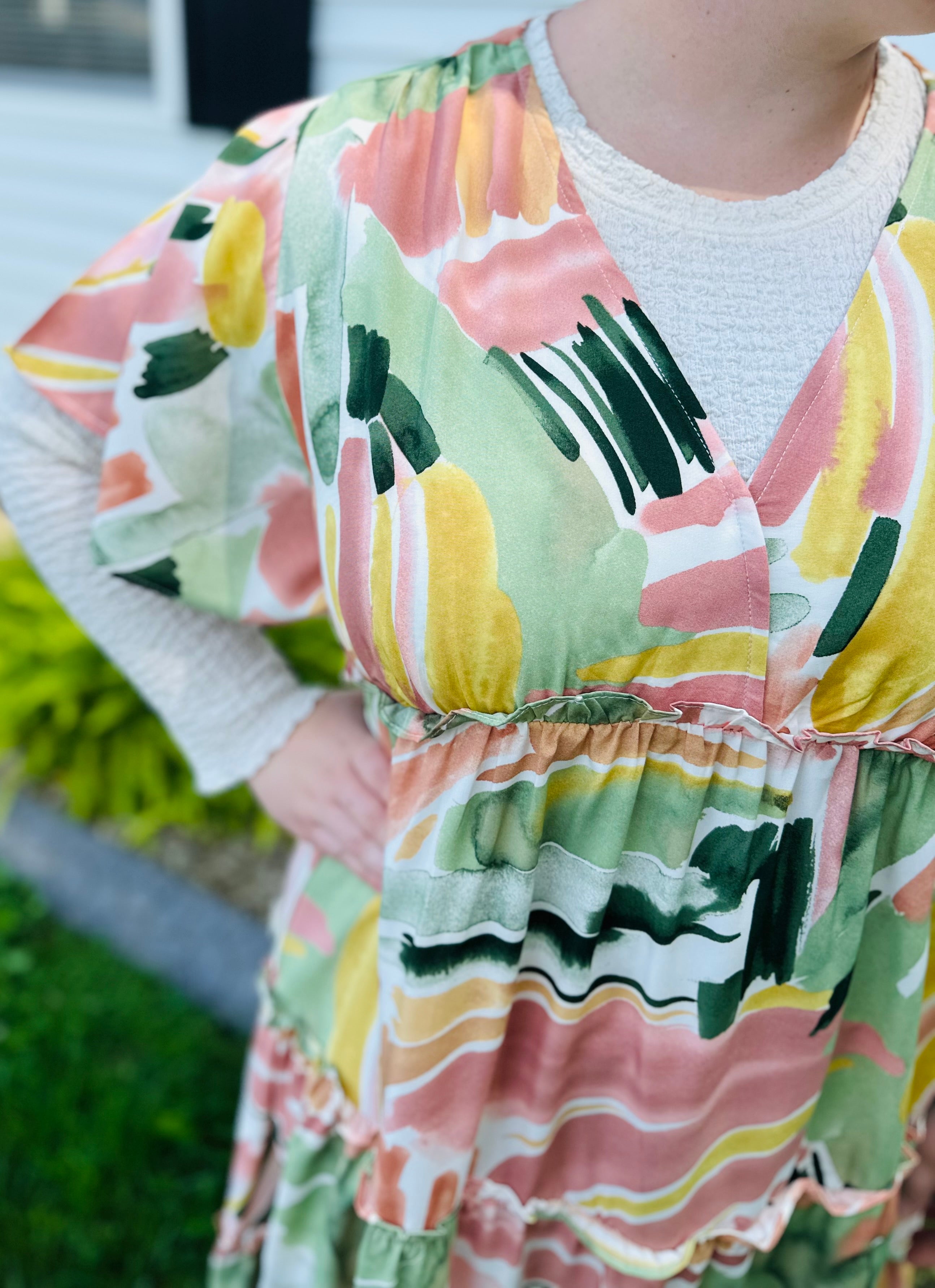 Watercolor Sage Tiered Dress